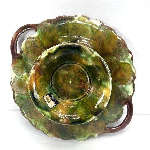 Rare Late 1800s Majolica Begonia Leaf Footed Compote w/Handles - Antique Display - Picture 4 of 7